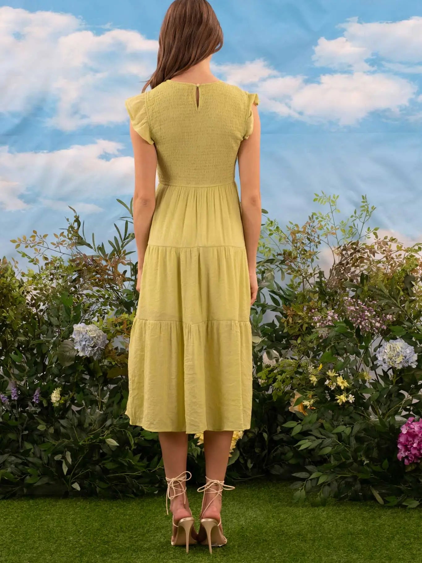 Smocked Tiered Midi Dress - Yellow