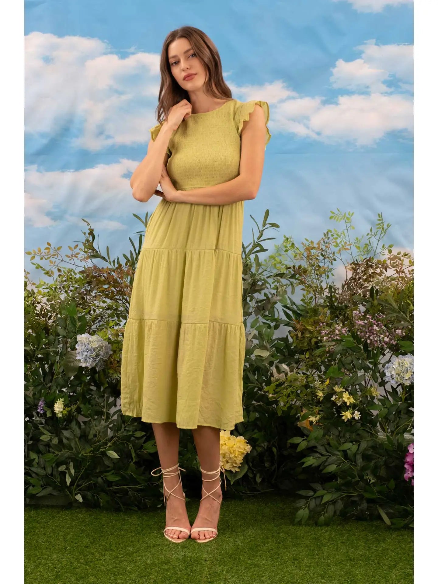 Smocked Tiered Midi Dress - Yellow
