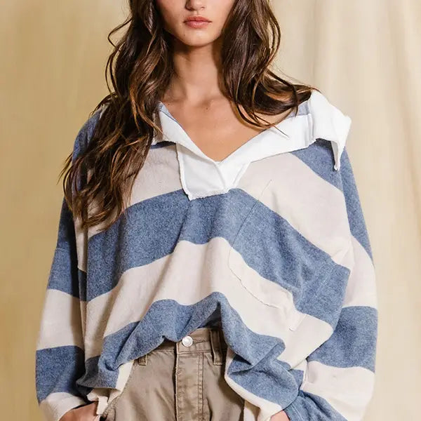 Striped Big Collared Pullover Sweatshirt