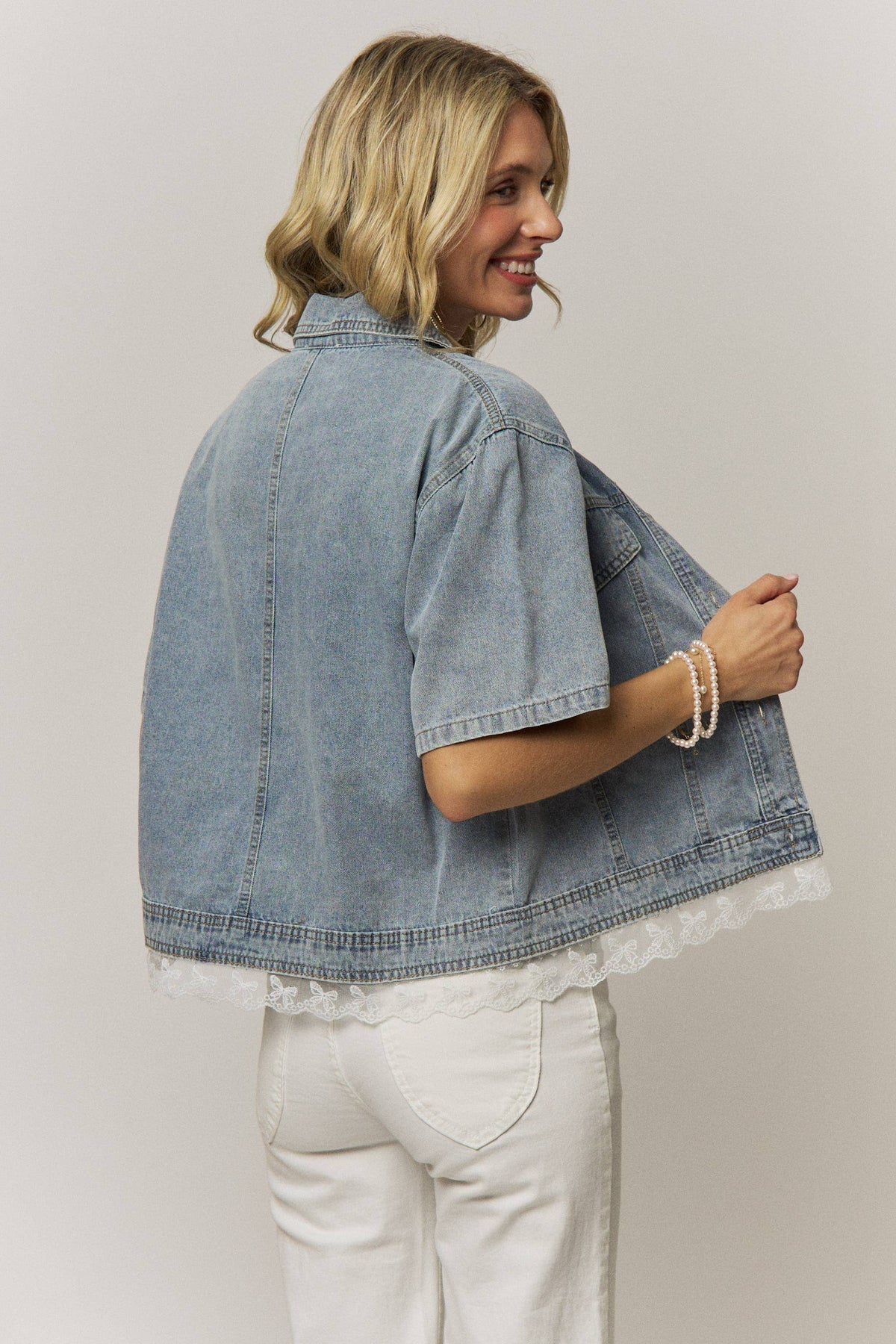 DENIM TOP WITH LACE TRIM
