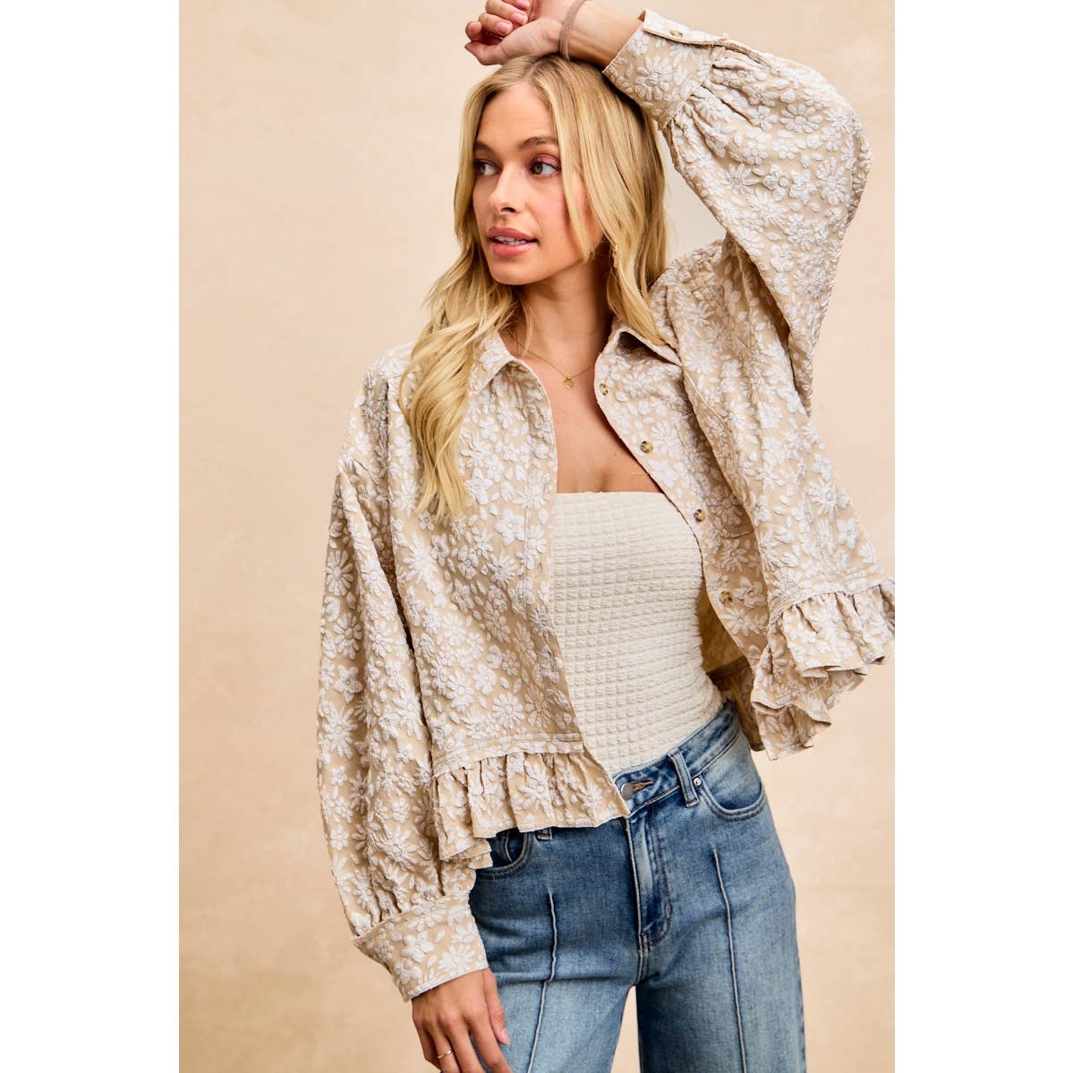 Oatmeal Floral Ruffled Top