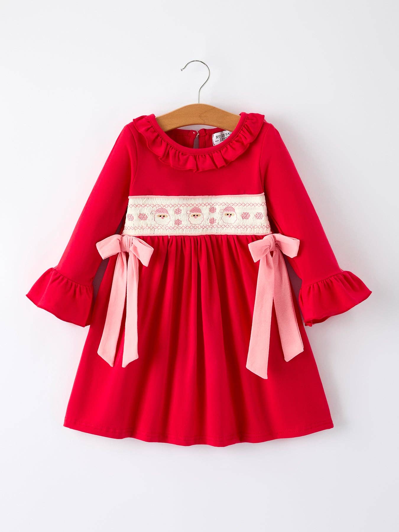 Christmas Smocked Embroidery Girls Dress with Pink Ribbon Ties