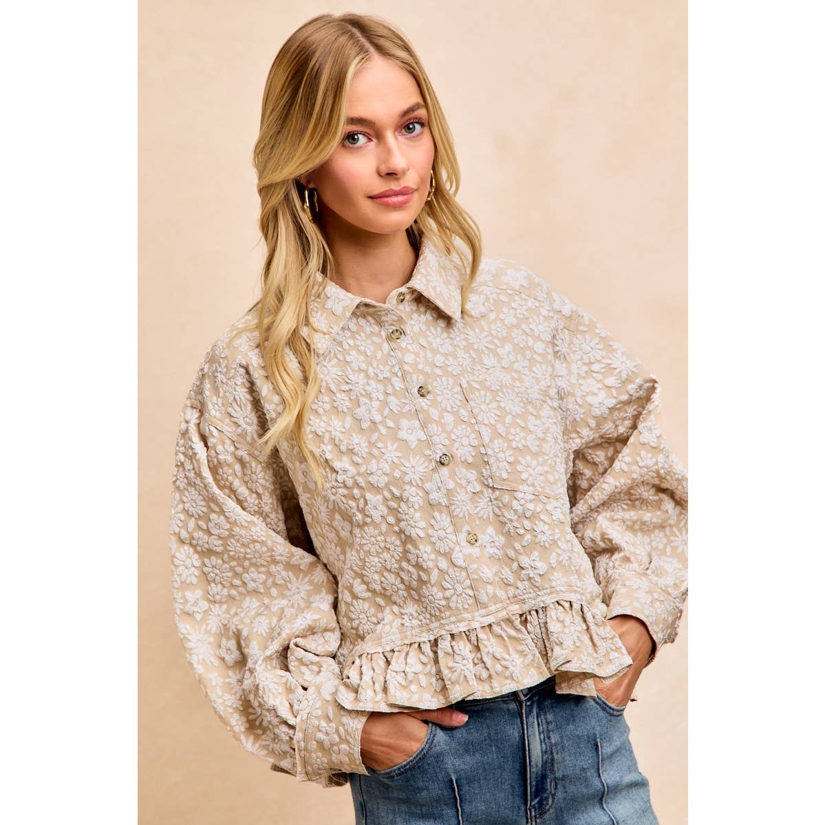 Oatmeal Floral Ruffled Top