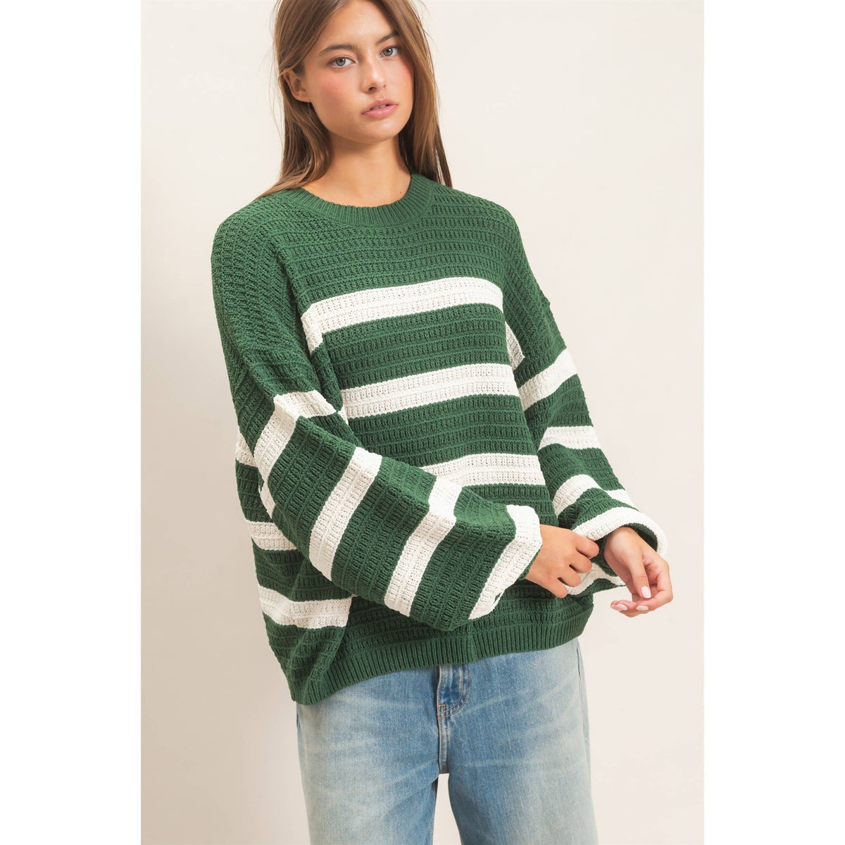 Green Striped Oversized Sweater