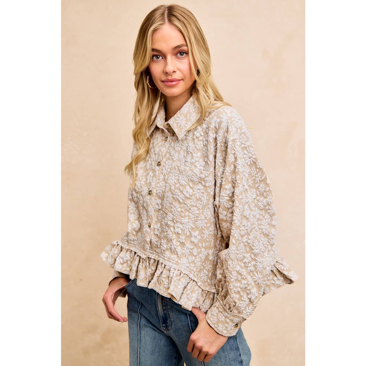 Oatmeal Floral Ruffled Top