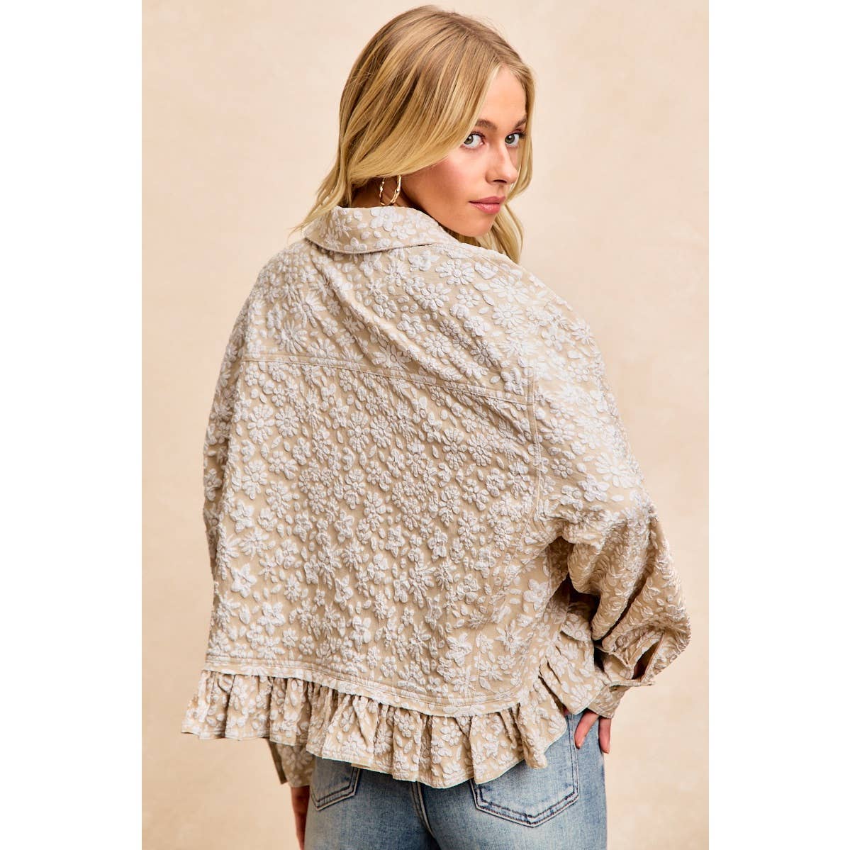 Oatmeal Floral Ruffled Top