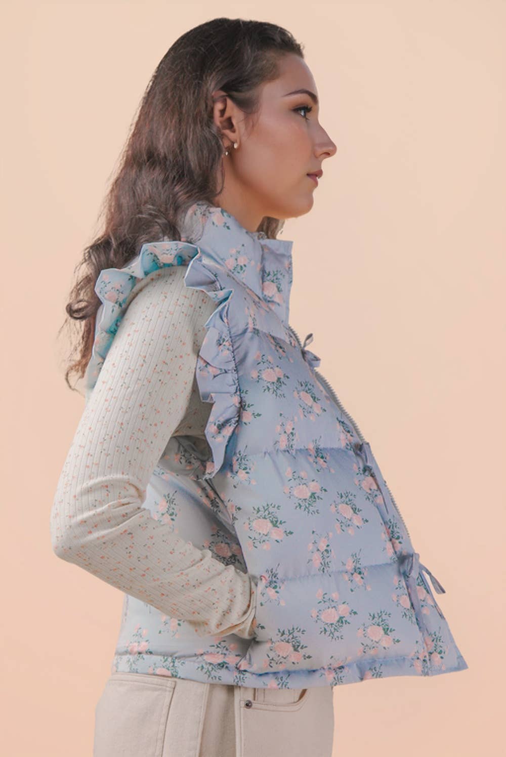 Blue Ruffle Sleeve Puffer Vest