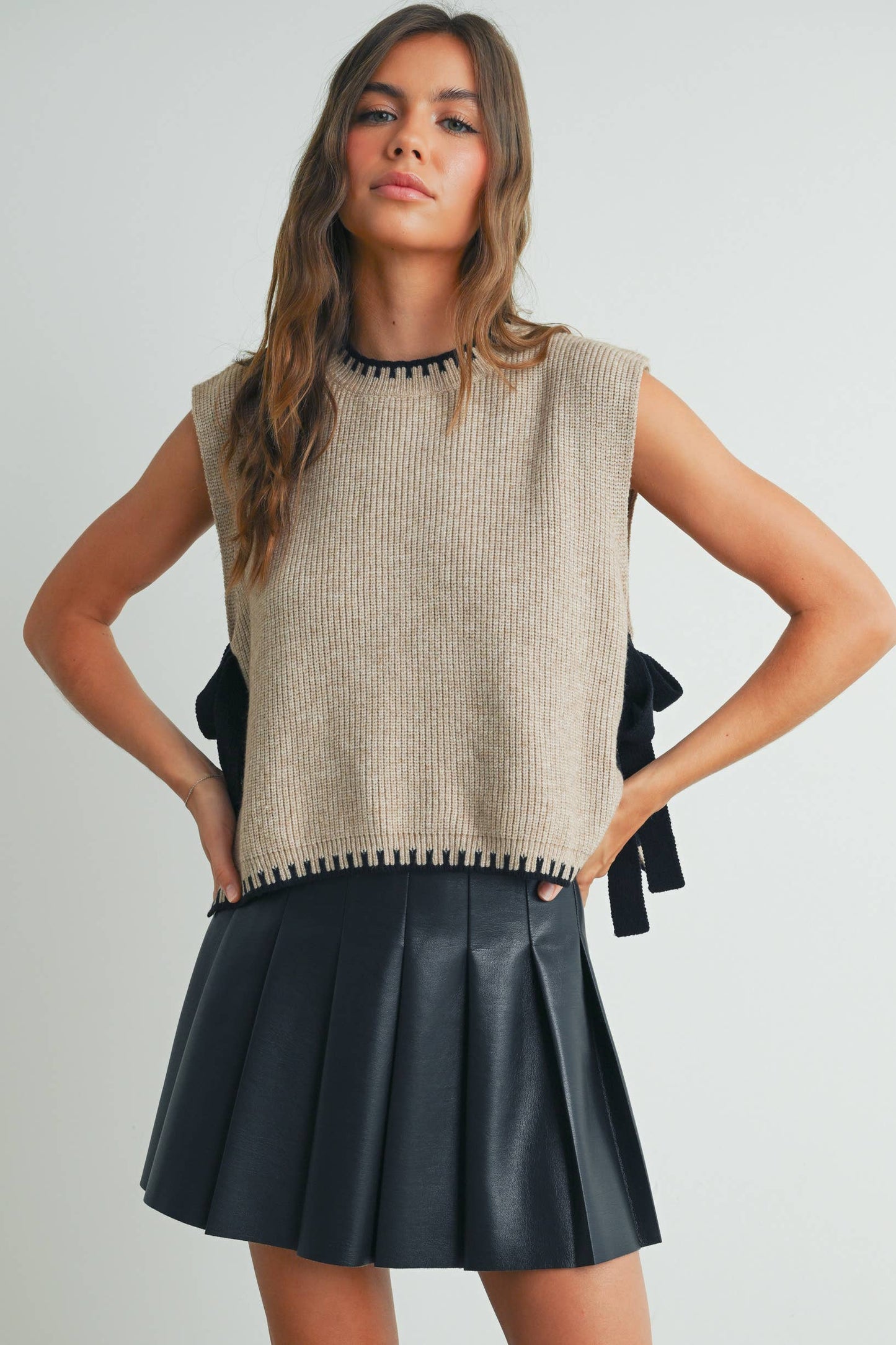 Bow Tie Sleeveless Sweater - Taupe