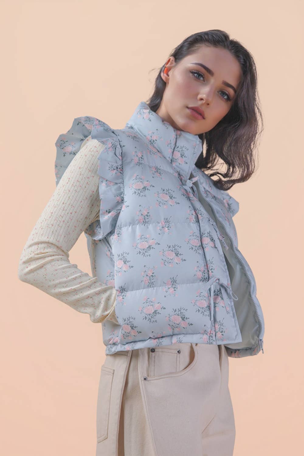 Blue Ruffle Sleeve Puffer Vest