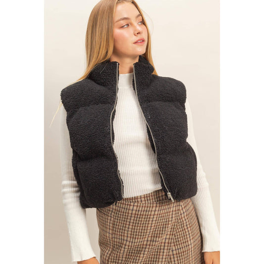 Teddy Fur Puffer Vest - Black