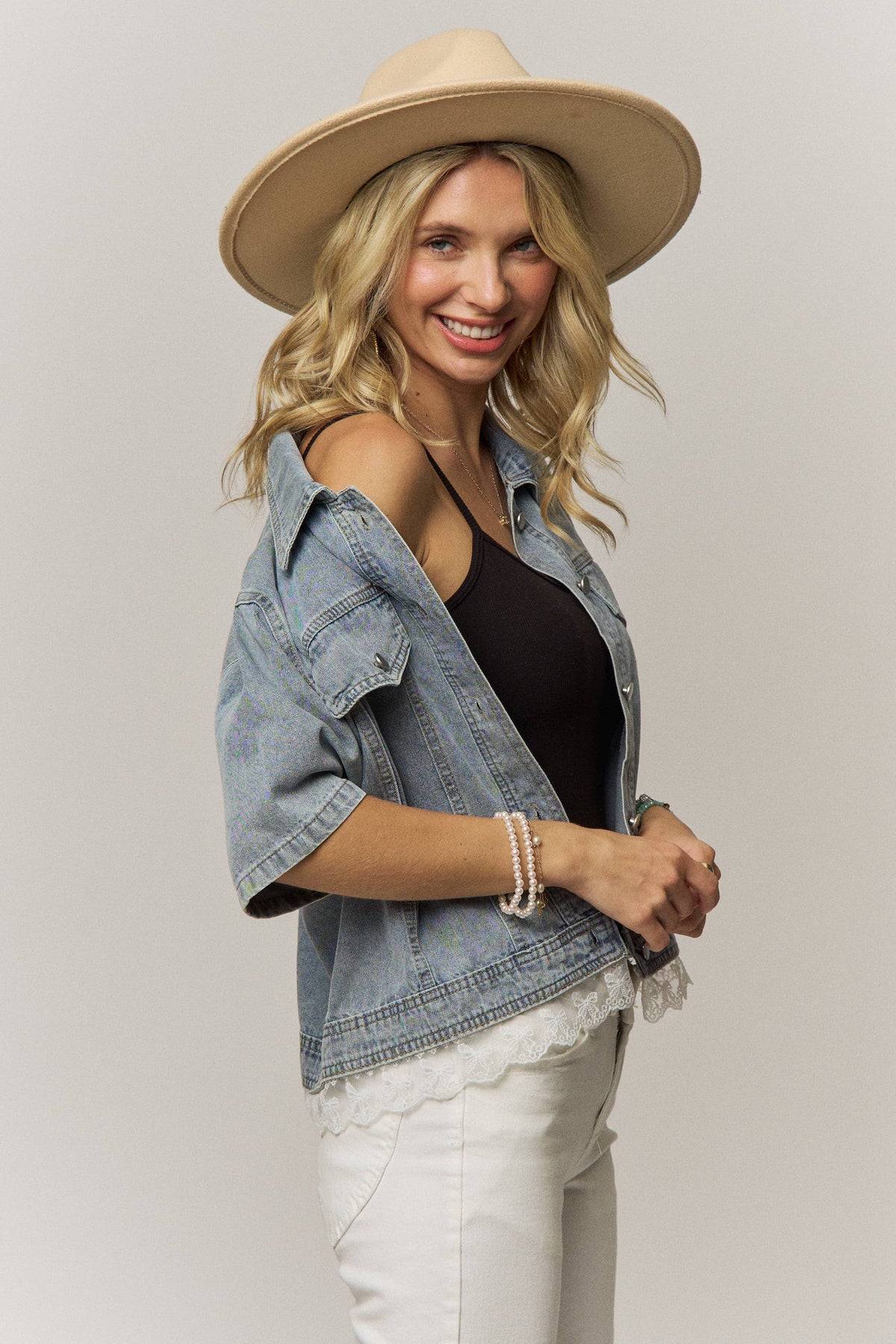 DENIM TOP WITH LACE TRIM
