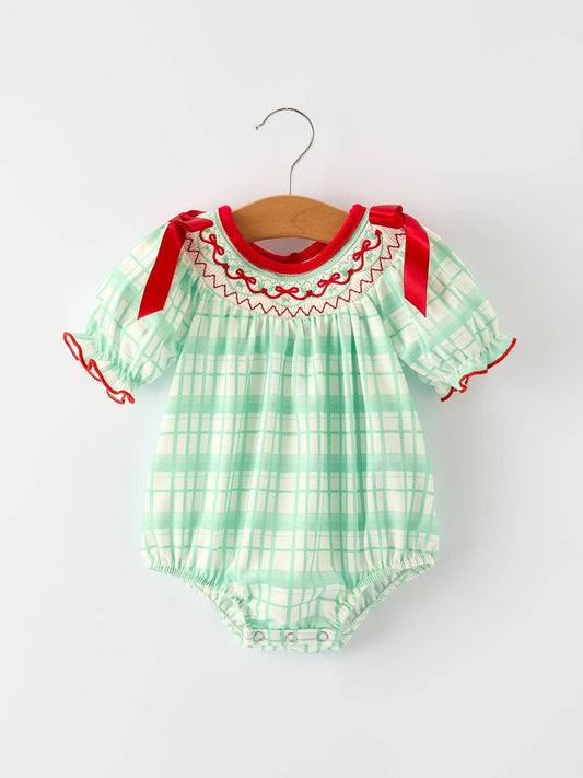 Christmas Girl Smock Embroidery Green Plaid Romper