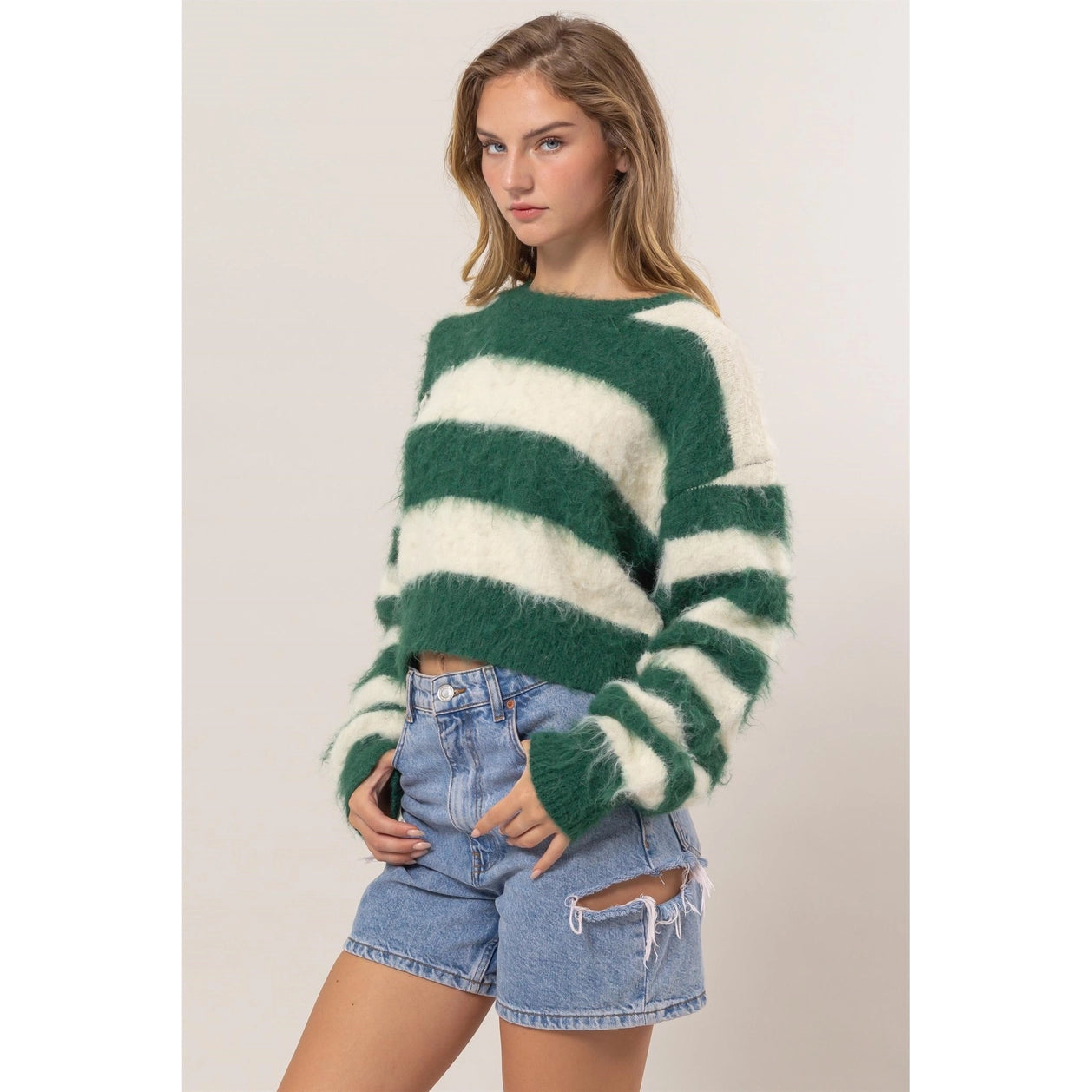 Sedona Crop Sweater - Green and Cream