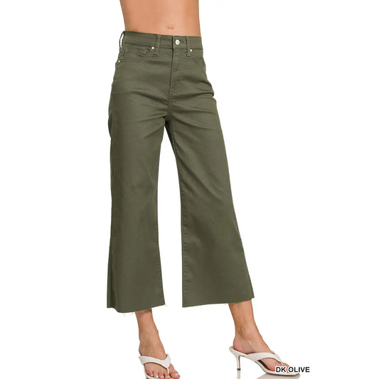 High Rise Flare Cropped Denim Pants in OIlive