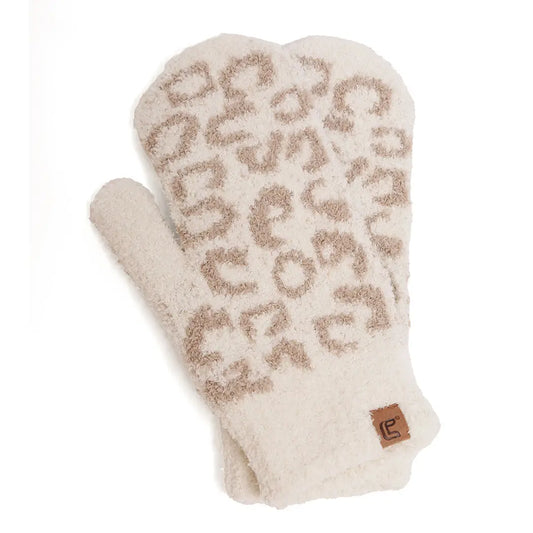 Winter Leopard Print Soft Flush Mittens